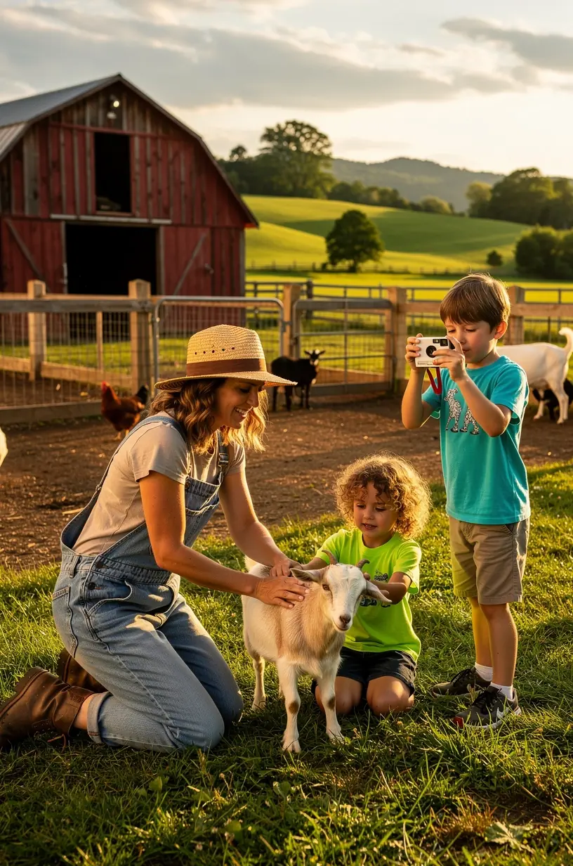 Parents consulting a flexible travel itinerary with highlighted kid-friendly attractions and meal stops in the US.